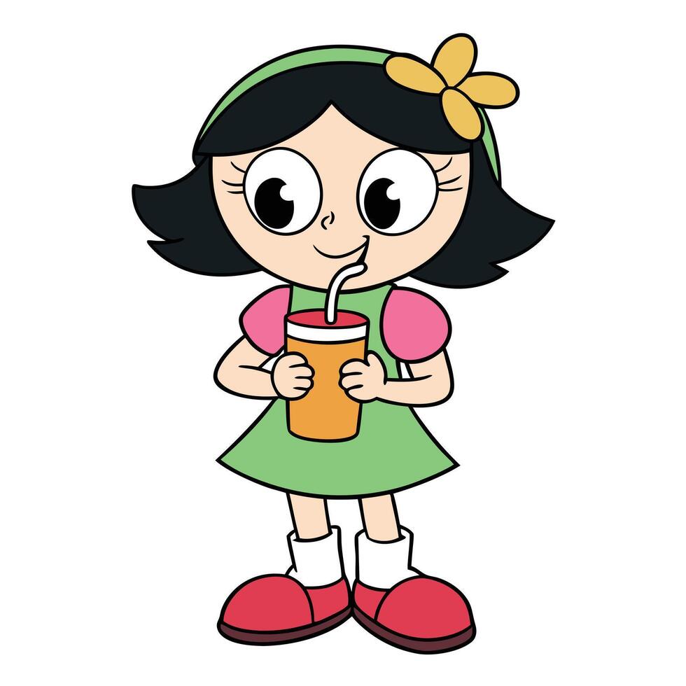 Cute cartoon girl enjoying a drink with straw in colorful illustration vector
