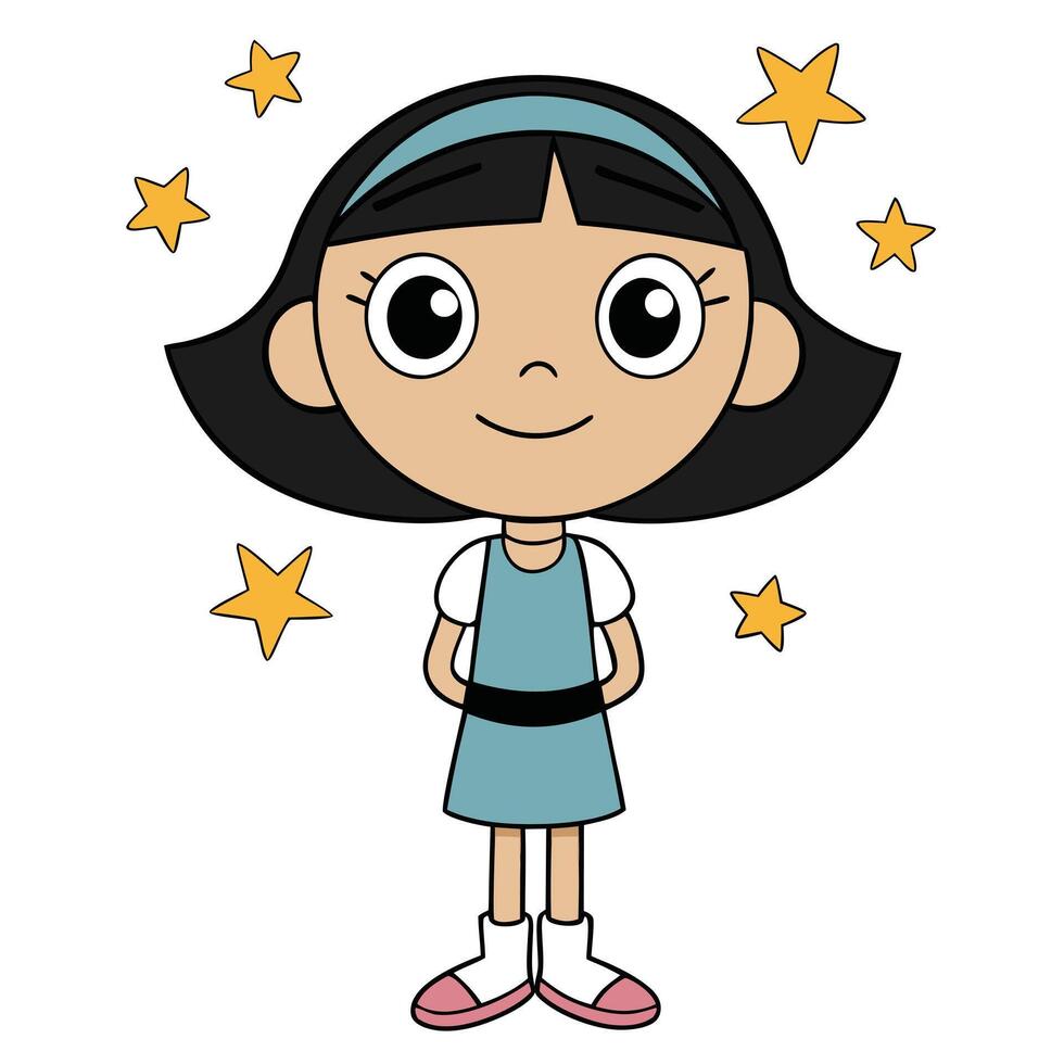 Cartoon girl illustration with black hair and stars isolated on white background vector