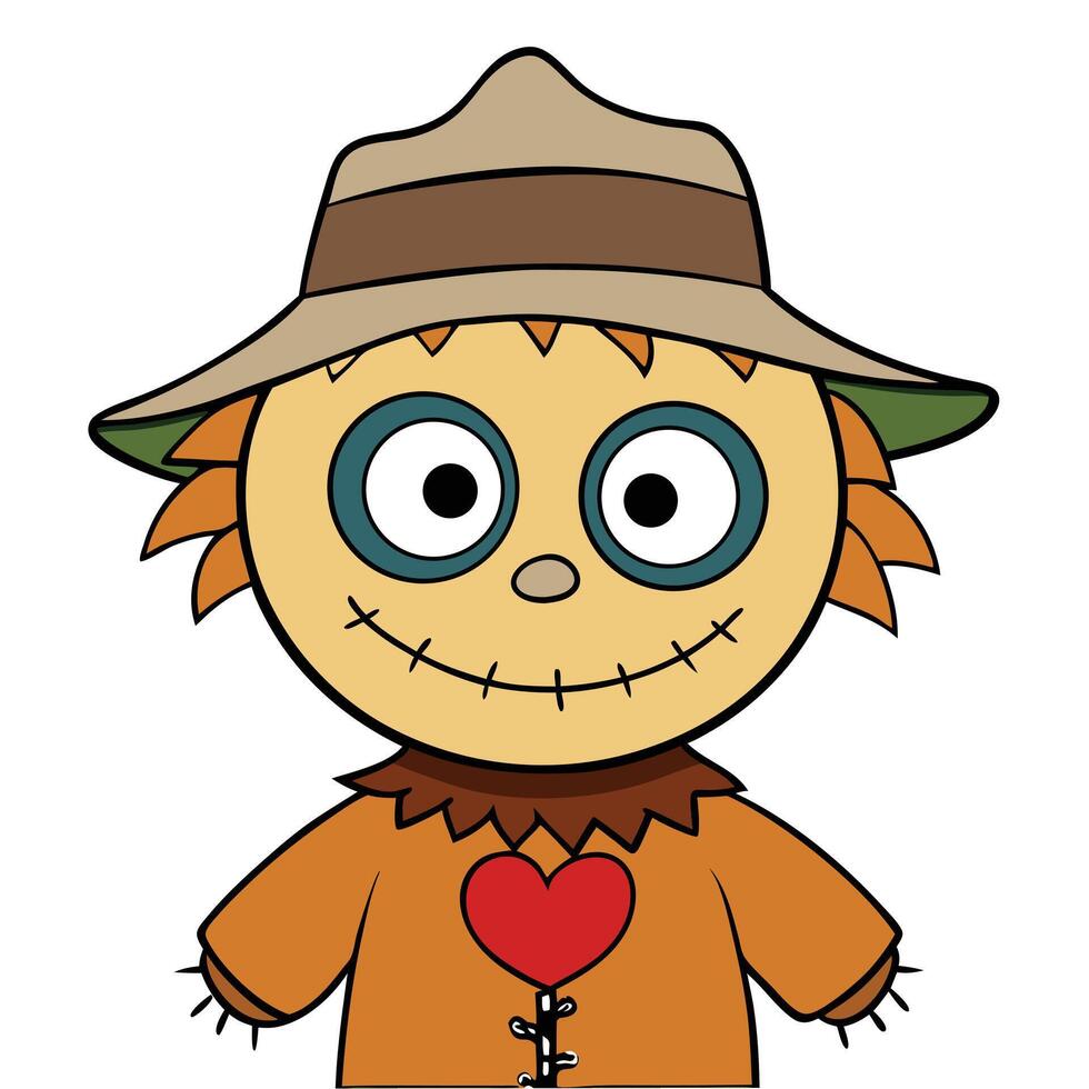 Cartoon scarecrow character wearing hat with heart for autumn or halloween vector