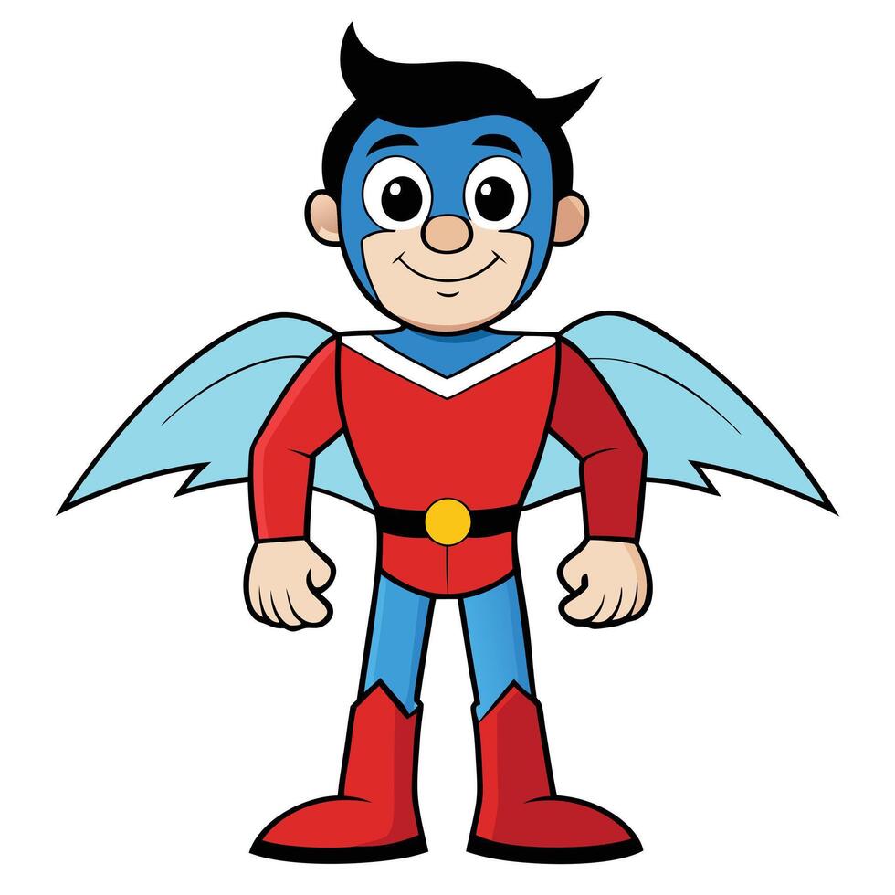 Smiling cartoon superhero character with blue wings isolated on white background vector