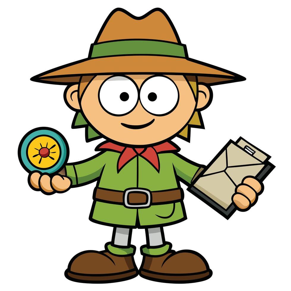 Cartoon explorer boy with compass and clipboard illustration design vector