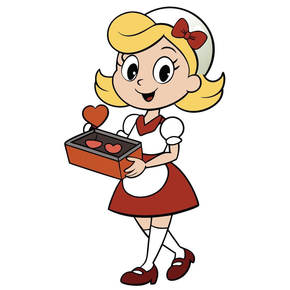 Cartoon girl delivering heart shaped chocolates on valentines day illustration vector