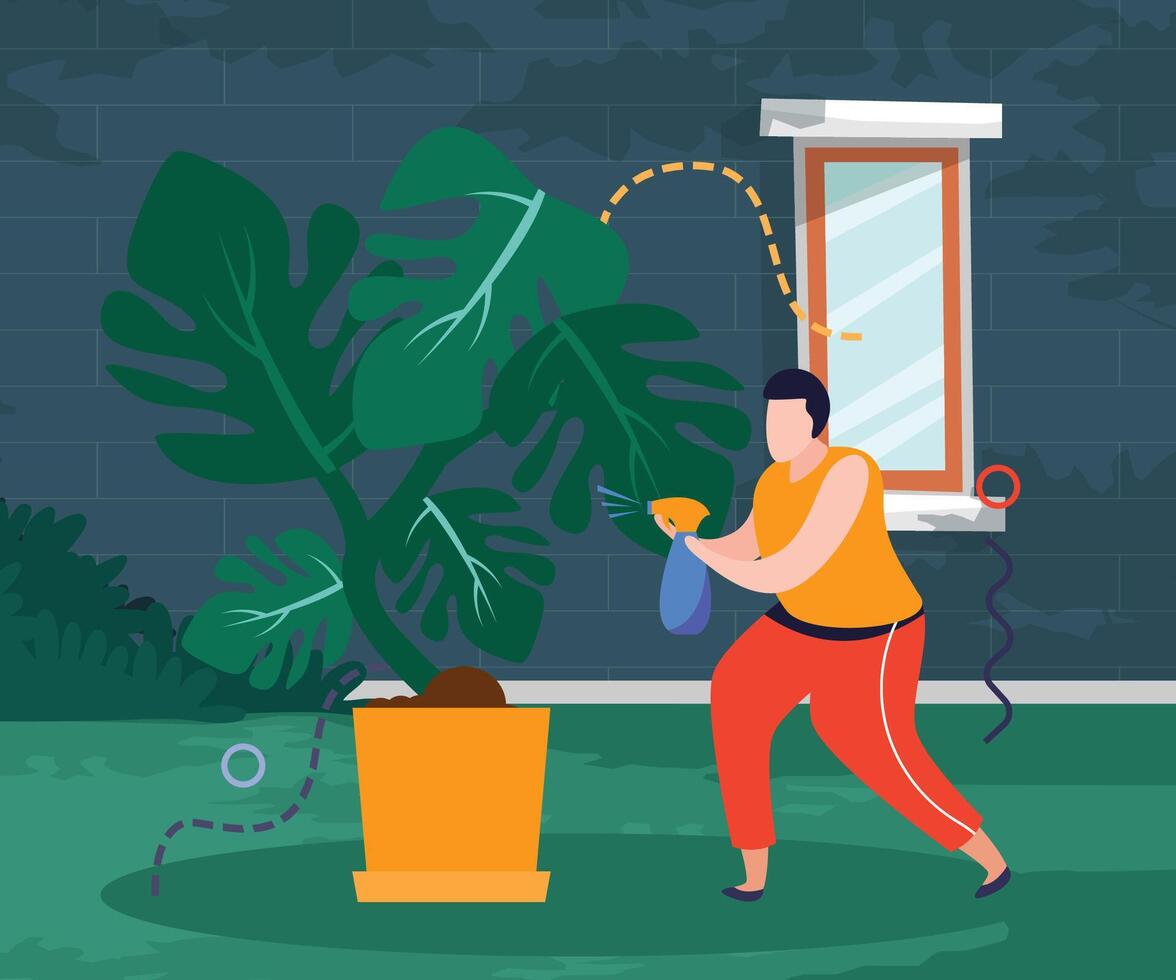 Illustration design of a man watering plants near the house, with wall background vector