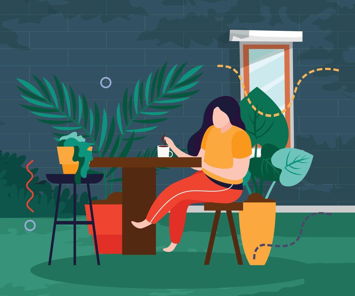 Illustration design of a woman relaxing near the house, with a green wall background vector