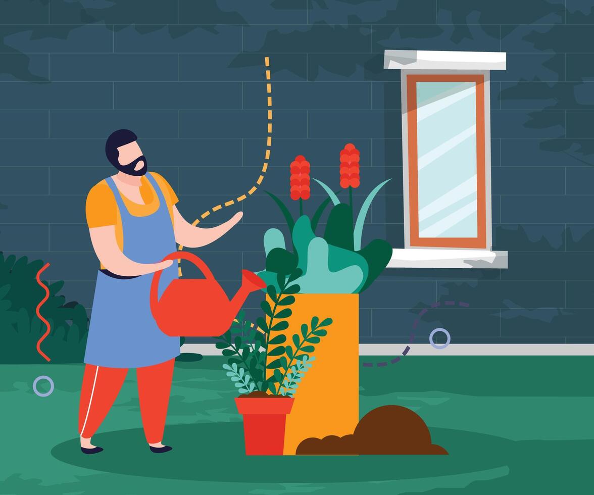 Illustration design of a man watering plants near the house, with a green wall background vector