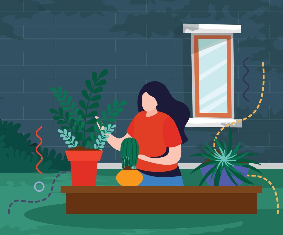 Illustration design of a woman taking care of plants near the house, with a green wall background vector