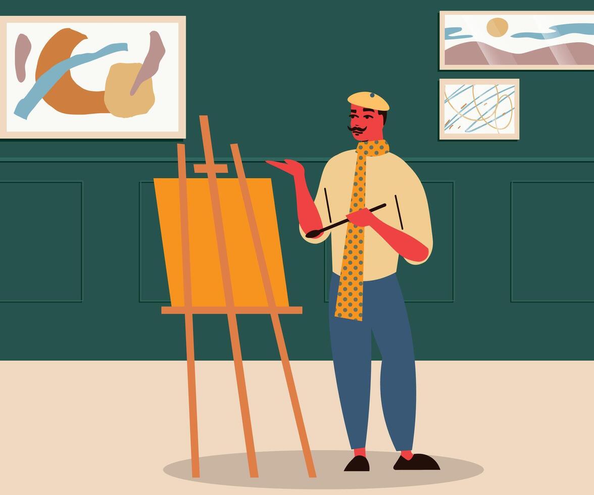 Illustration design of a male teacher watering plants painting near the house, with a green wall background vector