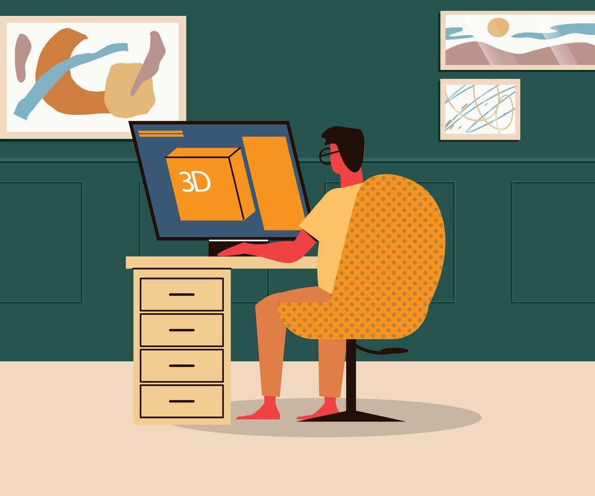 Illustration design of a person making a 3D design with a green wall background vector