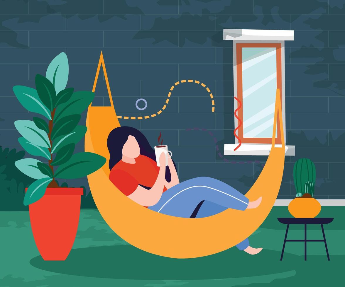 Illustration design of a woman playing with her cellphone in a hammock near her house, with a green wall background vector