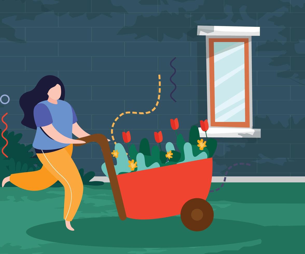 Illustration design of a woman pushing a trolley carrying flowers near the house, with a green wall background vector