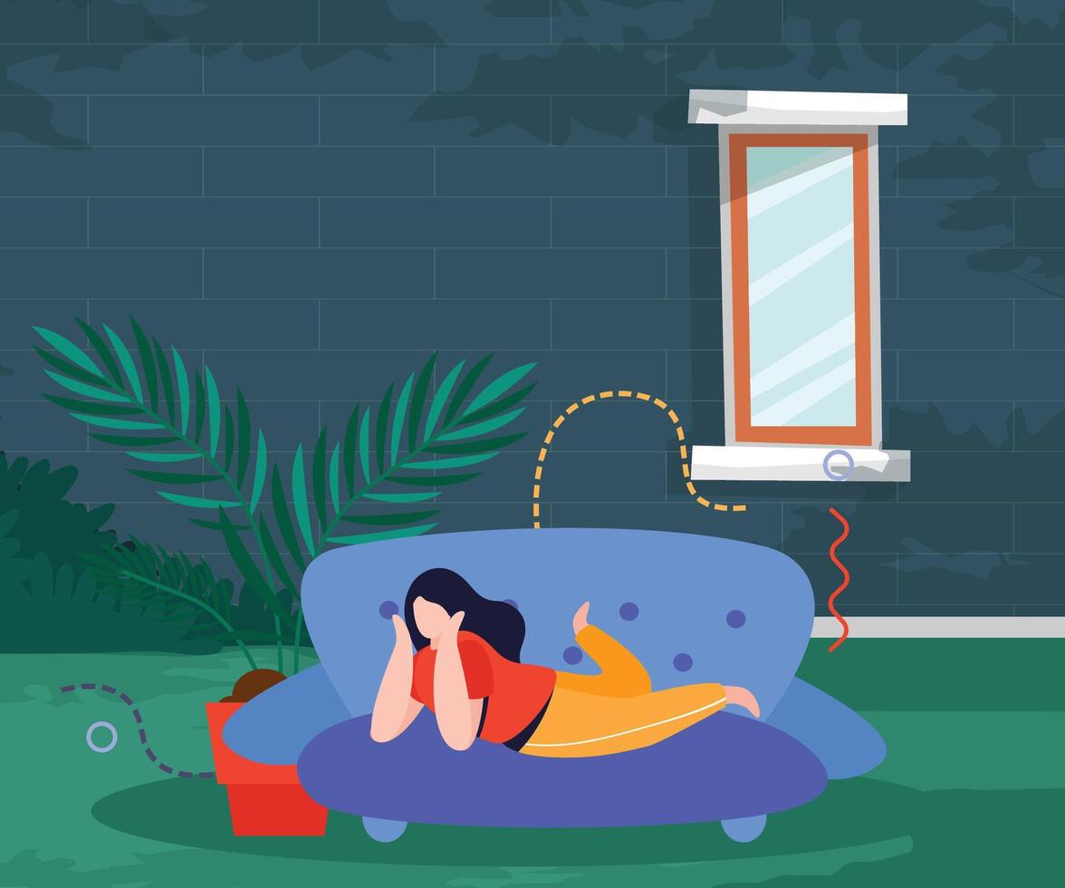 Illustration design of a woman lying down near the house, with a green wall background vector