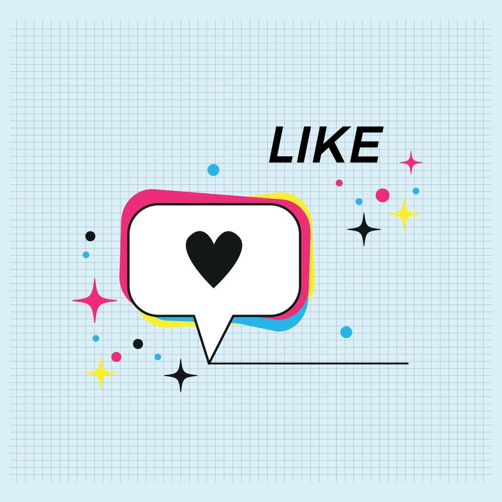 Greeting card inviting the users to like some post on RRSS, with vibrant colors, cmyk palette, stars and a praph paper. vector