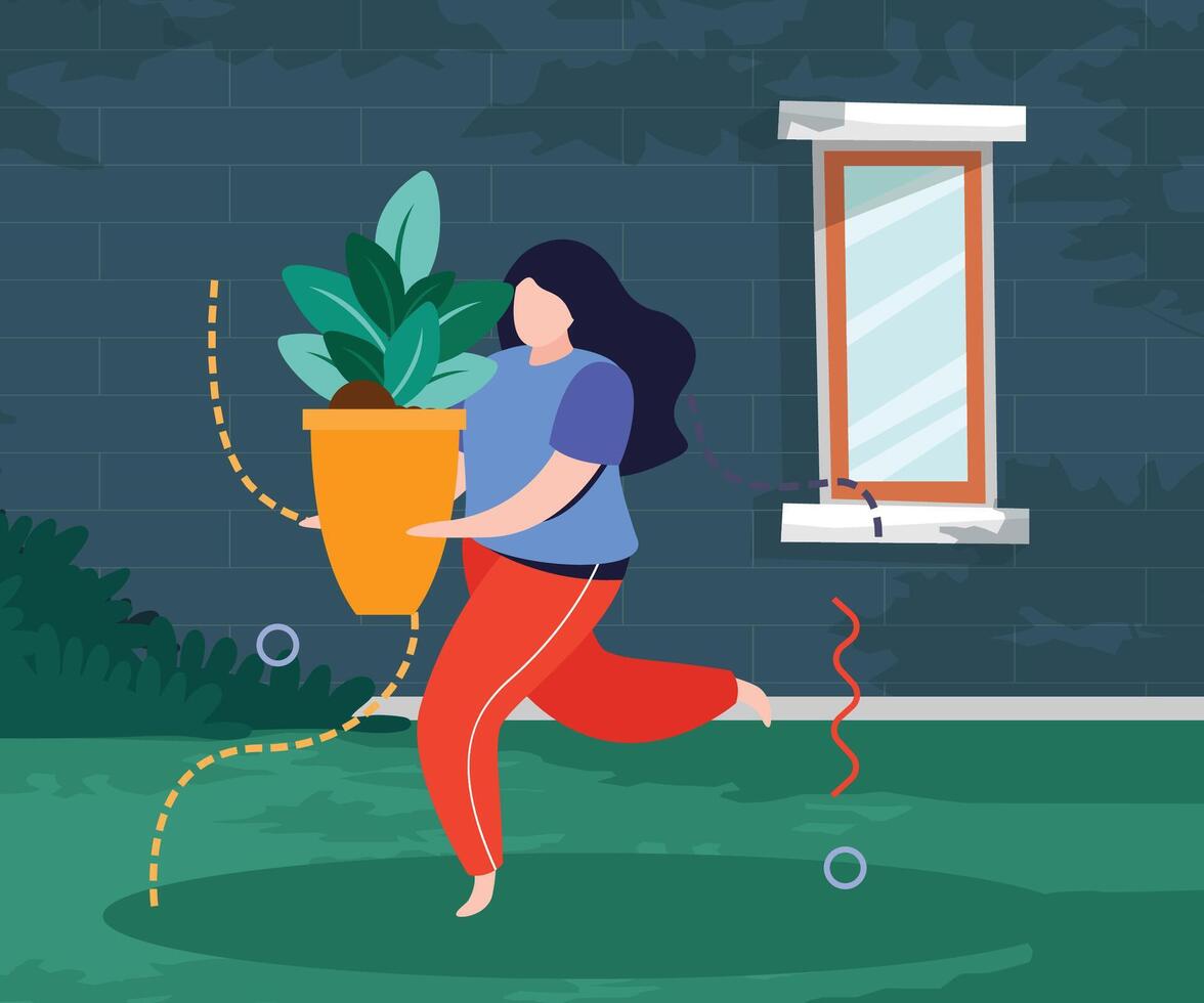 Illustration design of a woman carrying a pot of plants near the house, with a green wall background vector