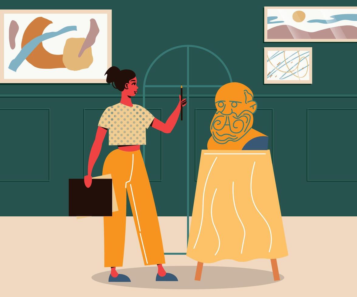 Illustration design of a woman making a statue near the house, with a green wall background vector