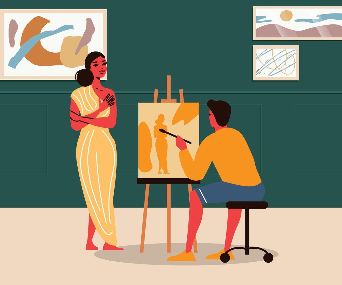 Illustration design of a woman being painted by a man near the house, with a green wall background vector