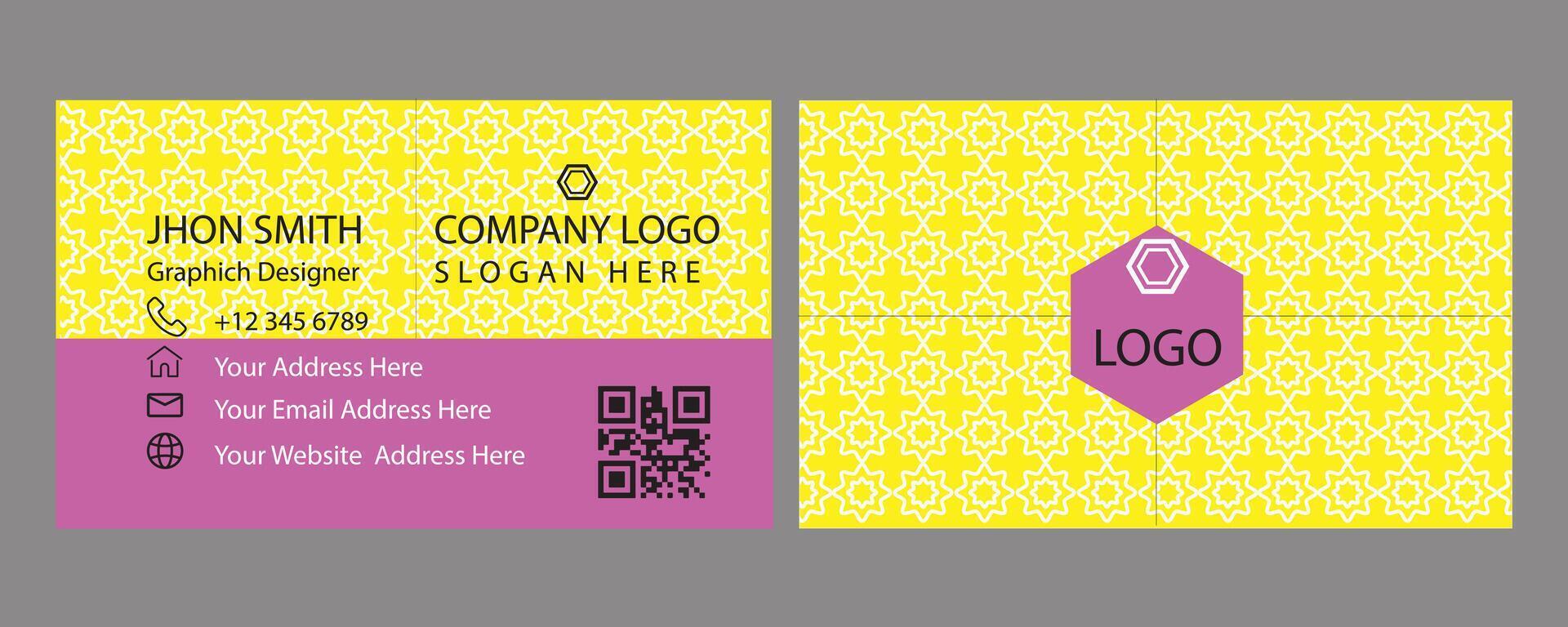 a yellow and pink business card with a qr code vector