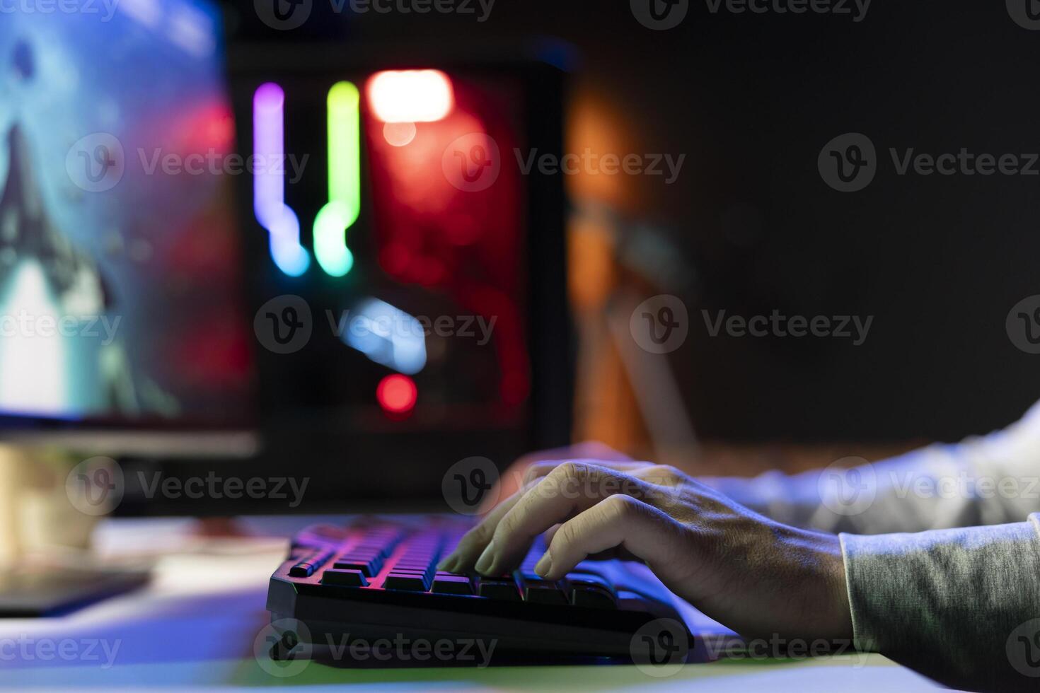 Man destroying enemy spacecrafts, trying to finish level in science fiction flying game. Close up of player fighting boss in singleplayer videogame, solving missions to save galaxy photo