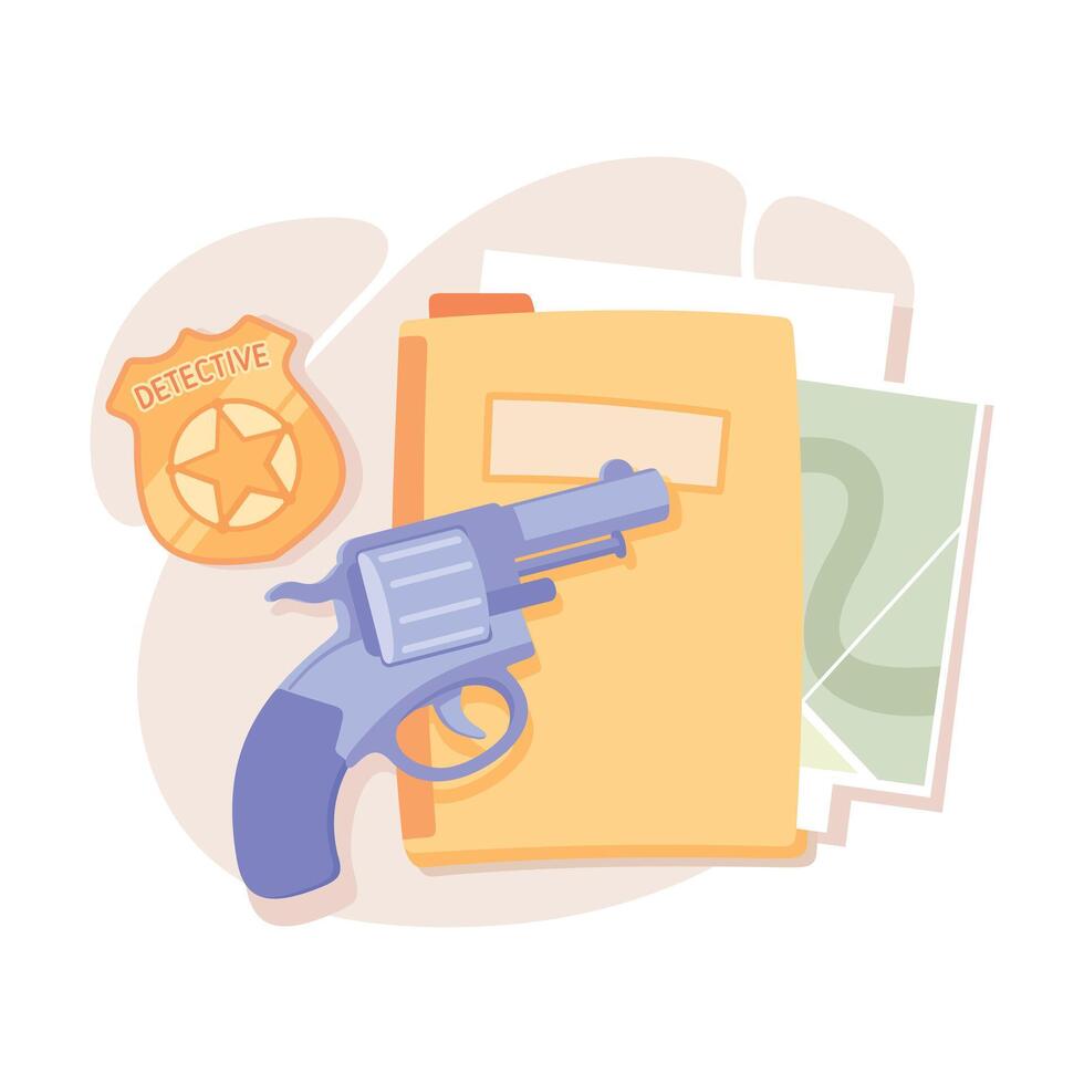 Investigation and Detective Work with Badge, Pistol and Document Folder Illustration vector