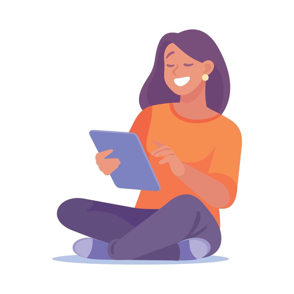 Happy Woman Character with Tablet Pc Illustration vector