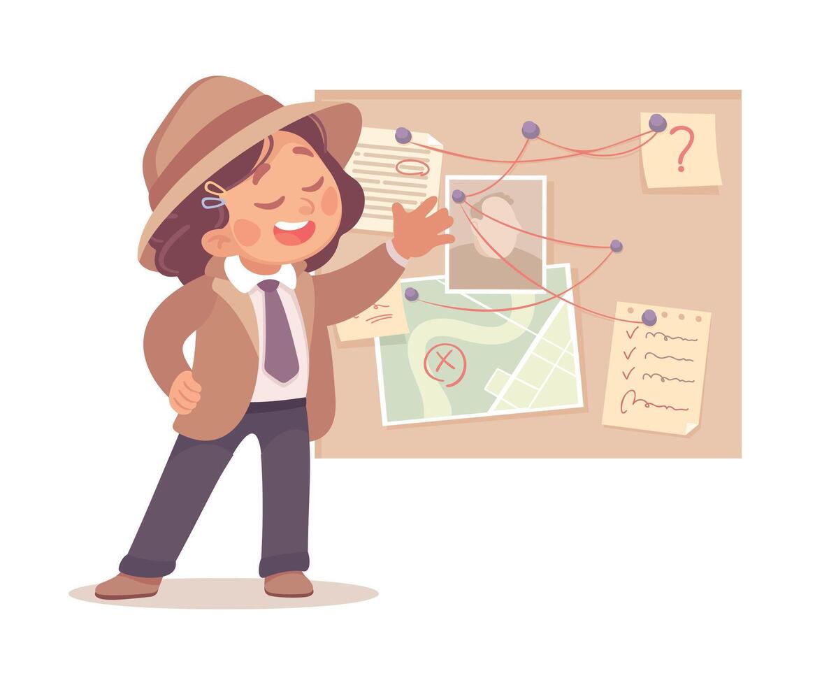 Inspecting Detective Girl Character at Suspect Board Investigating Case Illustration vector