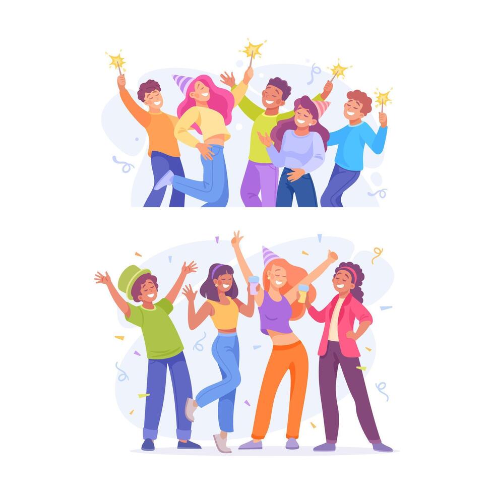 Holiday with Group of Man and Woman Cheering Set vector