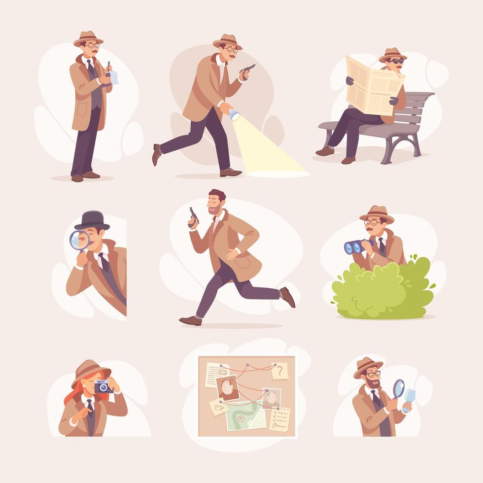 Inspecting Detective Man Character Investigating Case Set vector