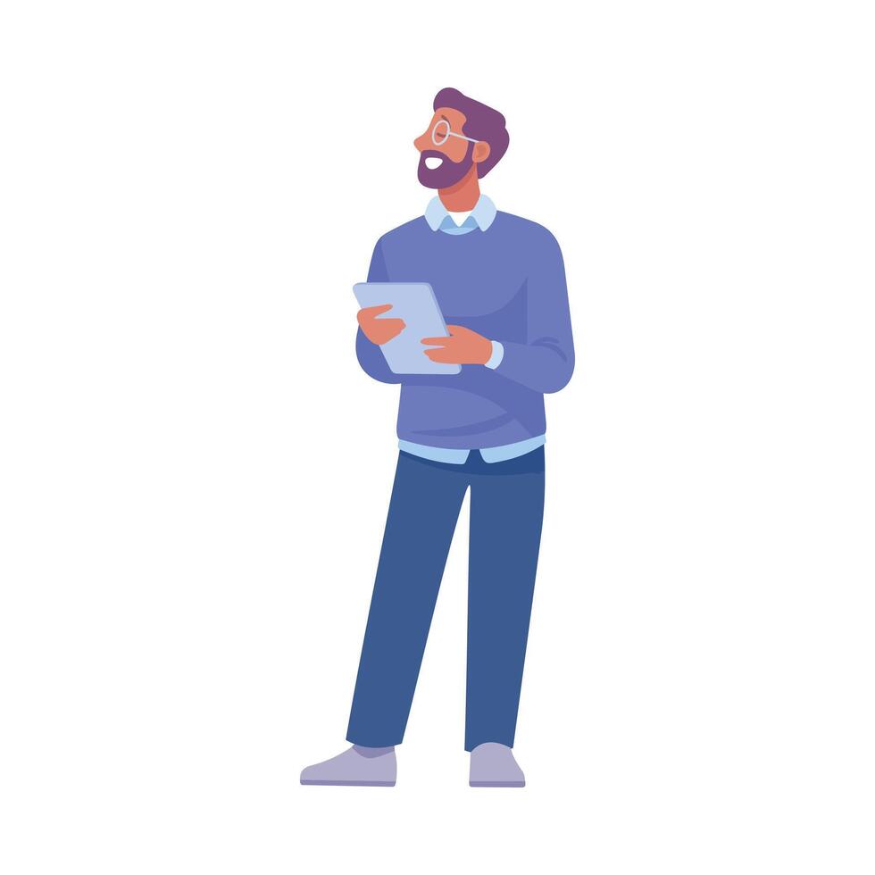 Bearded Man Entrepreneur Character Standing with Tablet Illustration vector