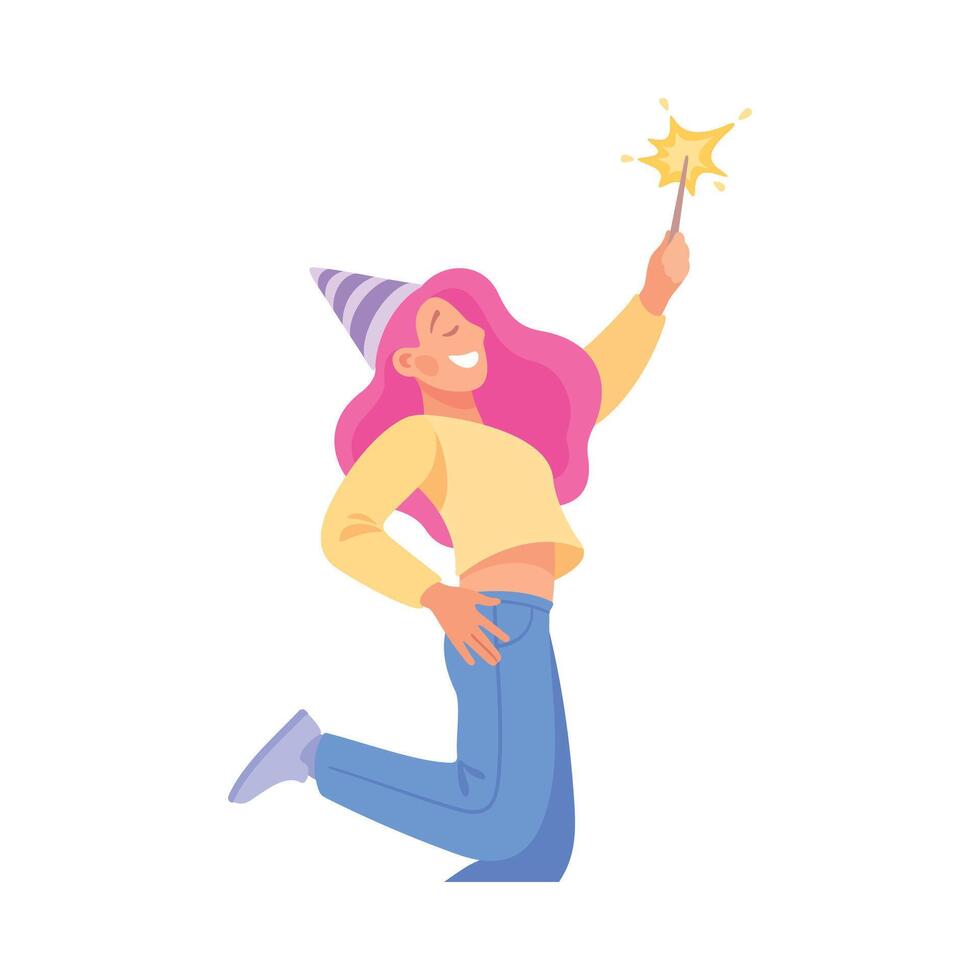 Holiday with Woman Character with Firecracker Cheering Illustration vector