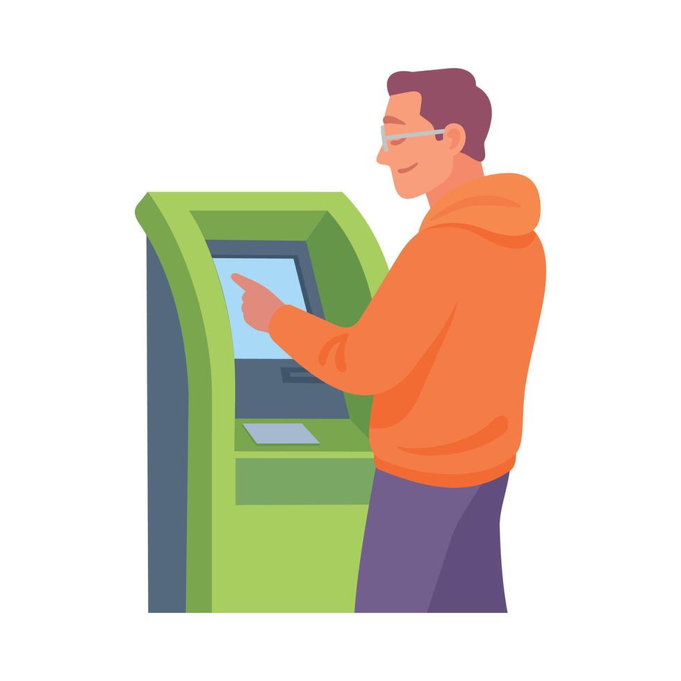 Man Character at Bank Terminal Cash Withdrawing Illustration vector
