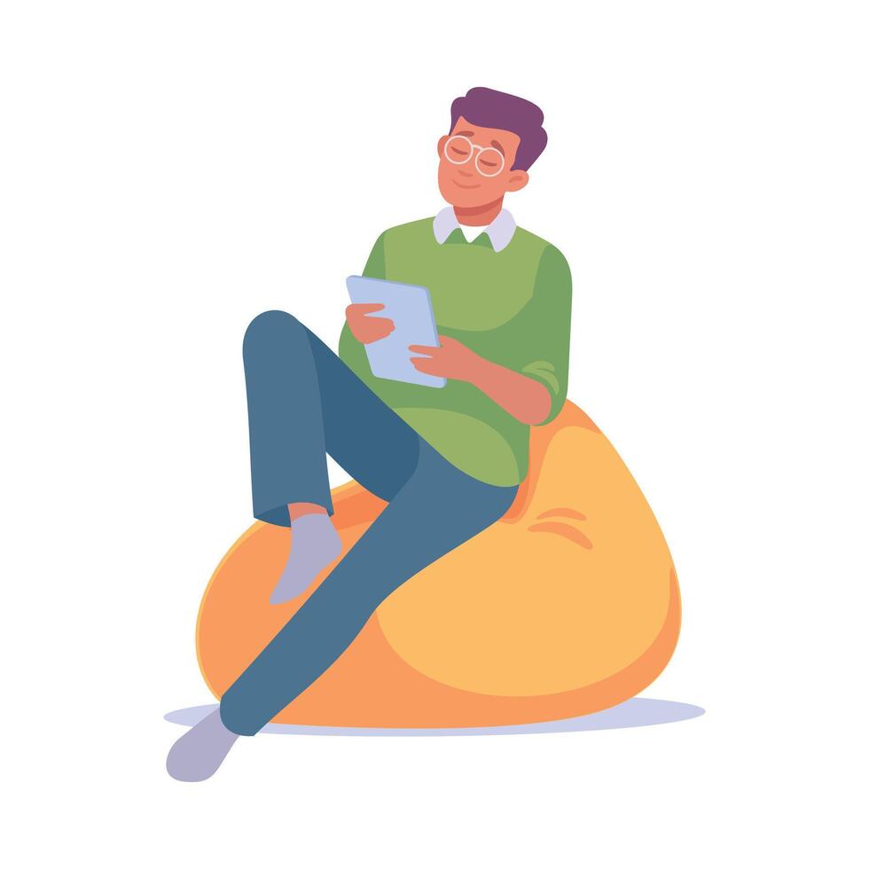 Man Entrepreneur Character Sitting with Tablet Illustration vector