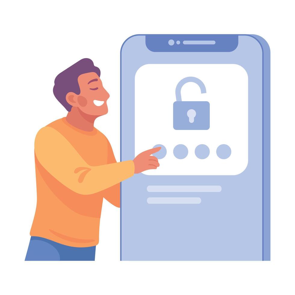 Man at Smartphone Screen with Secure Password Illustration vector