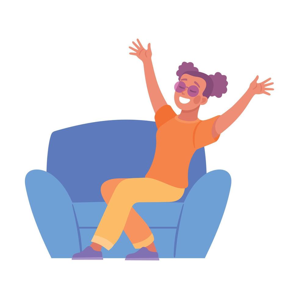 Holiday with Woman Character Sit in Armchair with Raised Hands Cheering Illustration vector