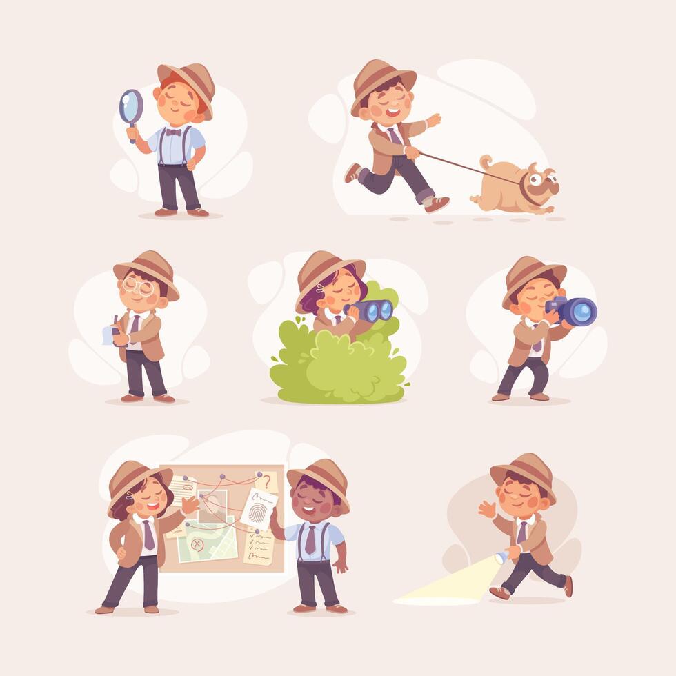 Inspecting Detective Boy and Girl Character Investigating Case Set vector