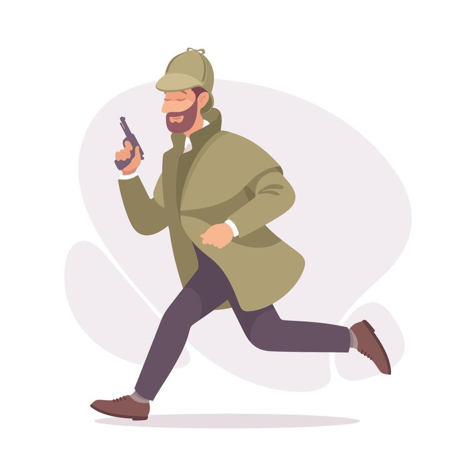 Inspecting Detective Man Character Chasing Criminal with Pistol Investigating Case Illustration vector
