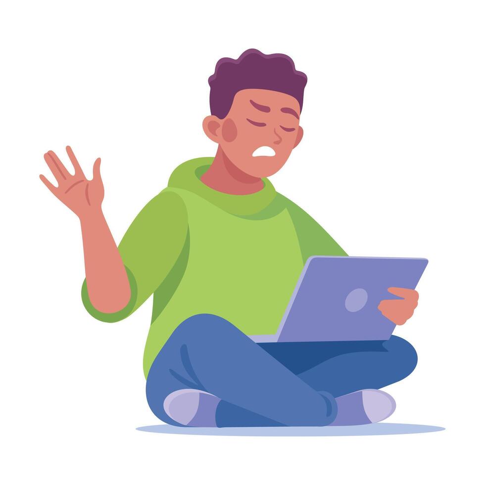 Angry Frown Man Character with Laptop Illustration vector