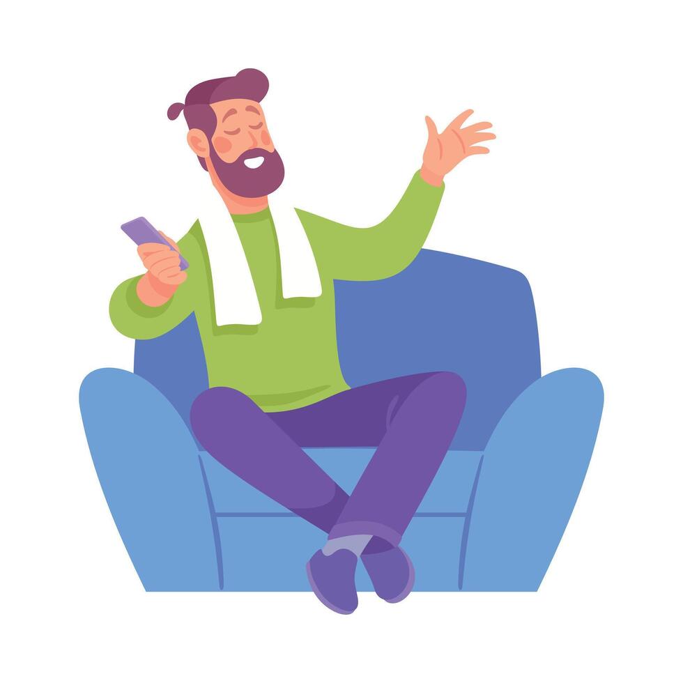 Holiday with Man Character Sit in Armchair with Smartphone Cheering Illustration vector