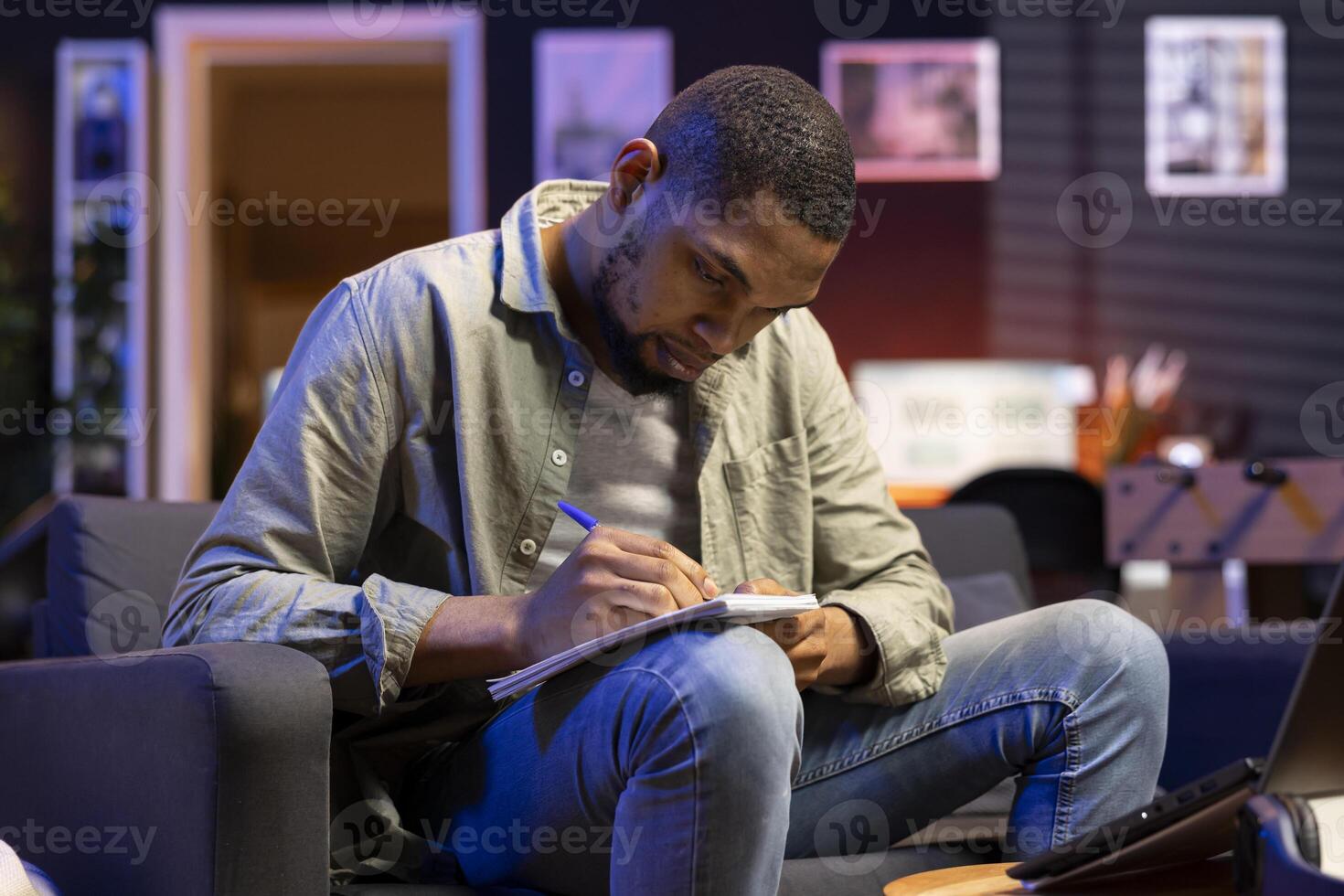 Financial analyst examining profit state on economy records and files, working from home and helping increase business revenue. Employee looking at capital funds for a development strategy. photo