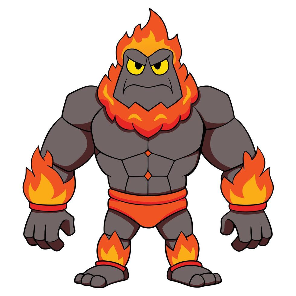 Cartoon fire elemental character strong muscular creature with flames vector