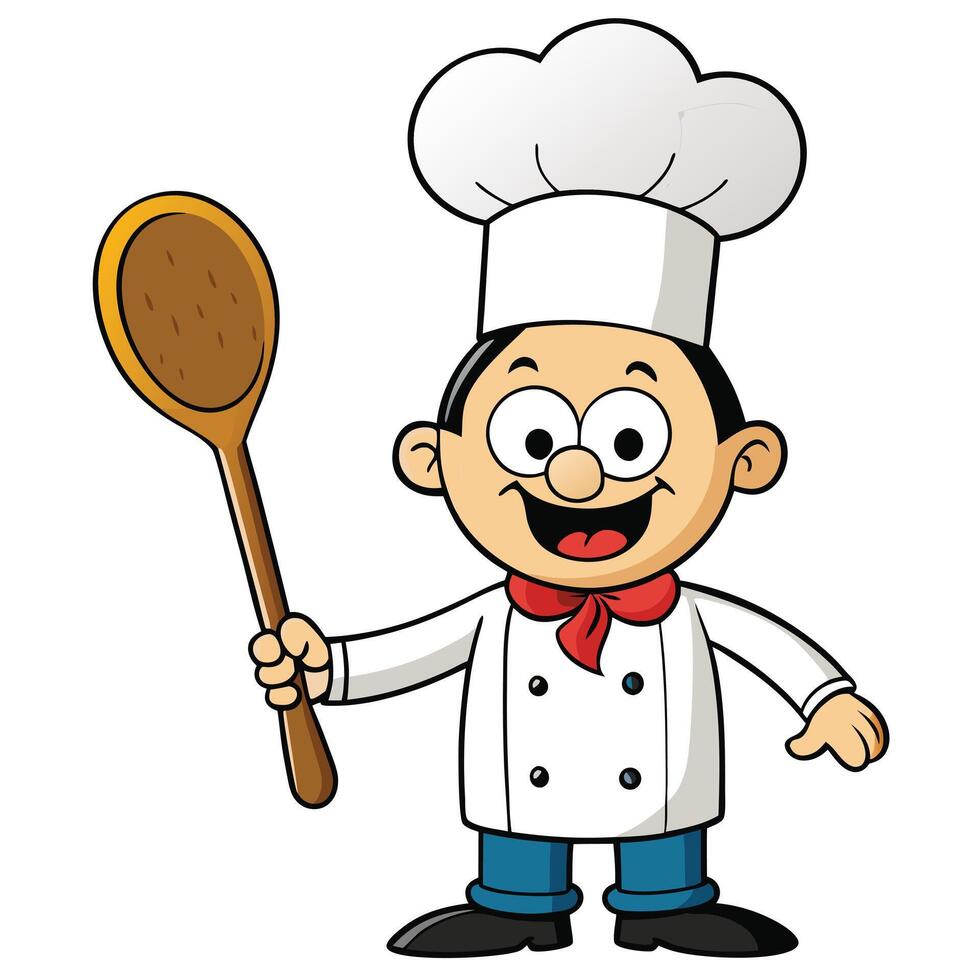 Smiling cartoon chef holding wooden spoon ready for cooking and food preparation vector