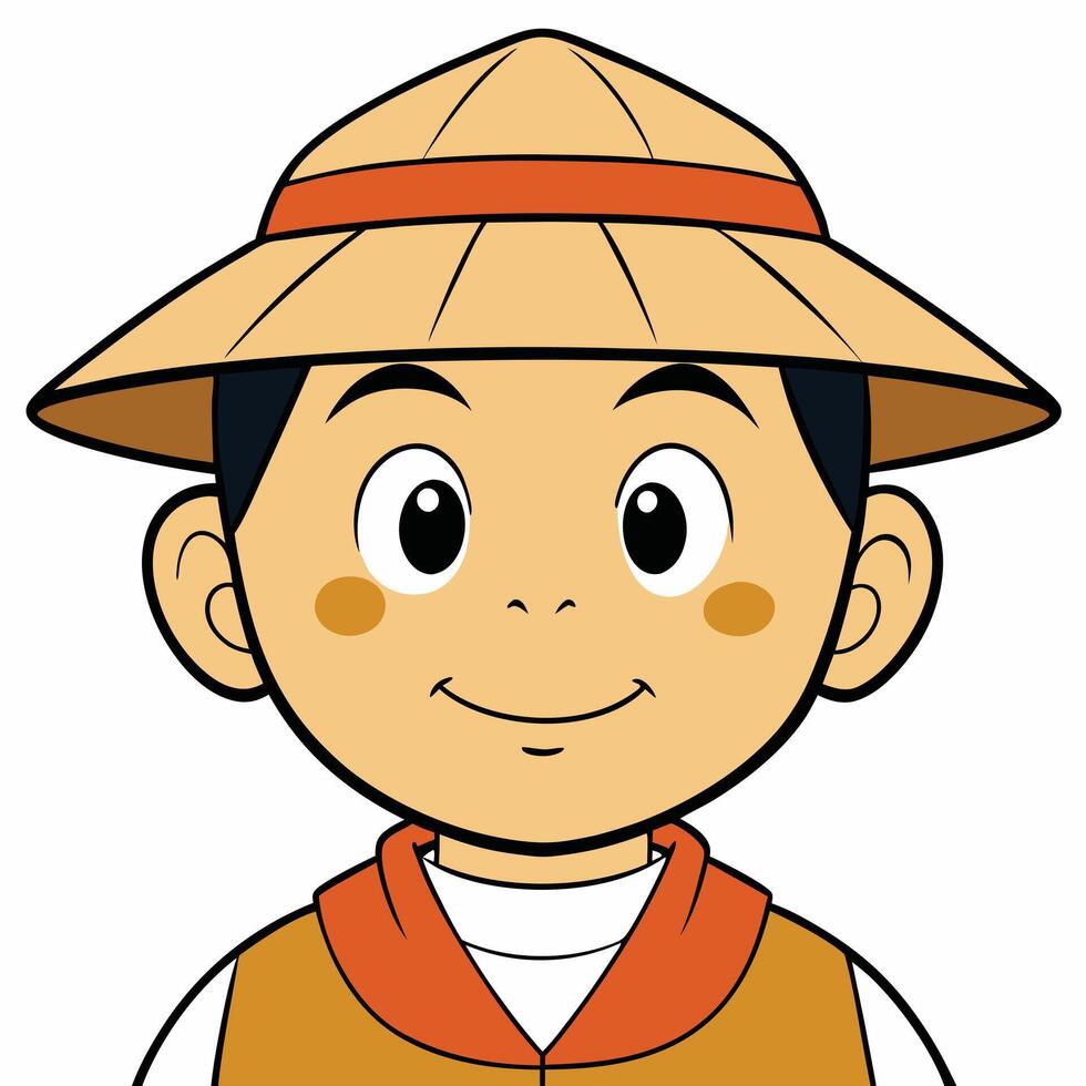 Smiling asian boy character wearing a traditional straw hat cartoon illustration vector