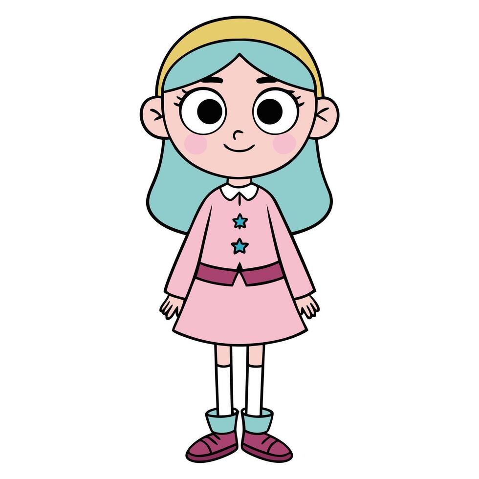 Cartoon girl with blue hair and pink dress standing still vector