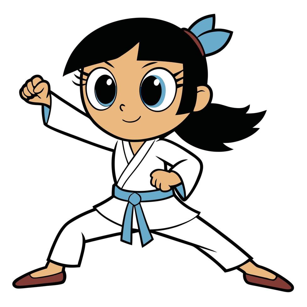 Cute cartoon girl practicing karate dressed in a white gi and blue belt vector