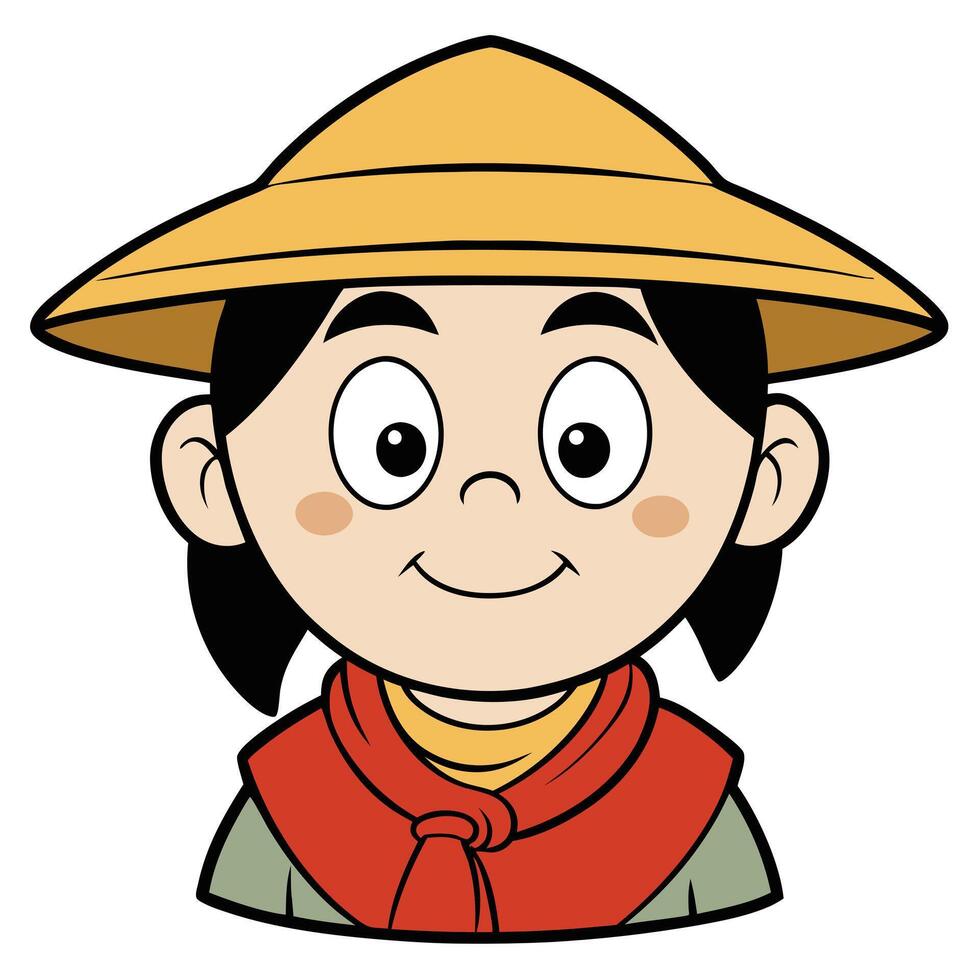 Cartoon portrait of smiling girl wearing conical hat and traditional scarf vector