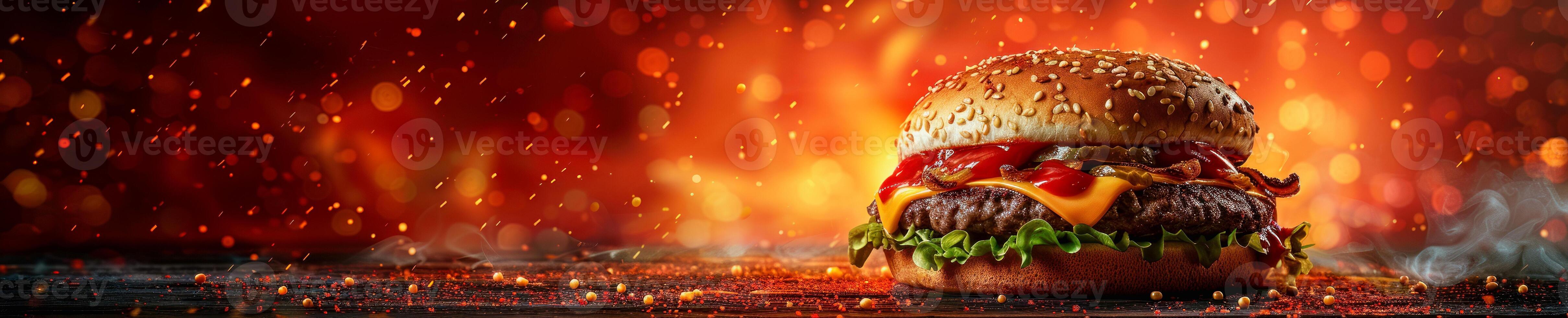 a hamburger is sitting on a table with flames photo