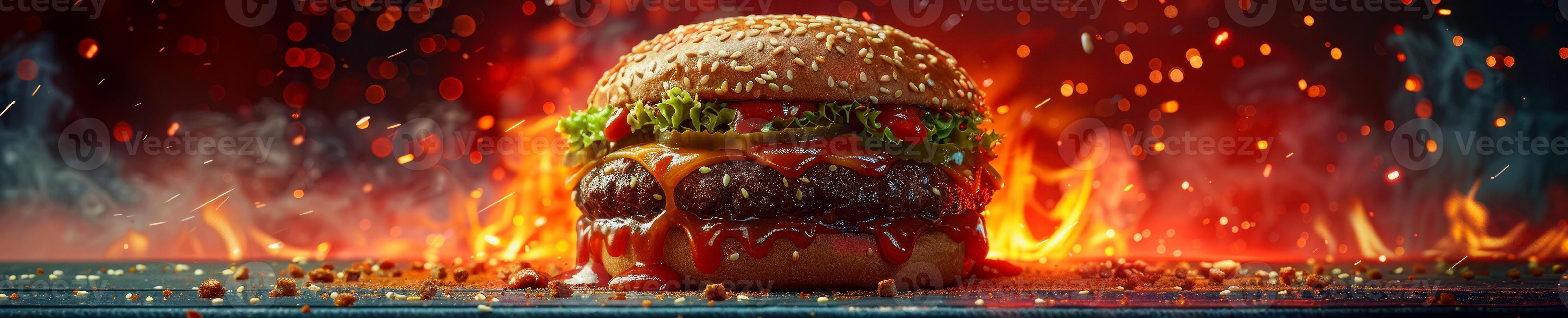 a hamburger is on fire in front of a dark background photo