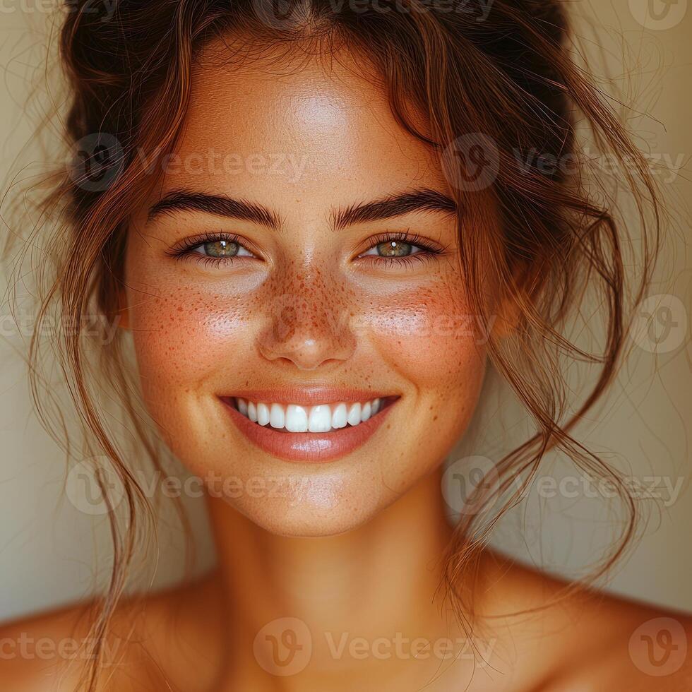 beautiful young woman with freckles smiling photo