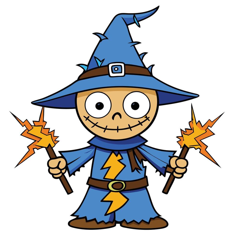 Cartoon scarecrow wizard with lightning bolts for halloween holiday season vector