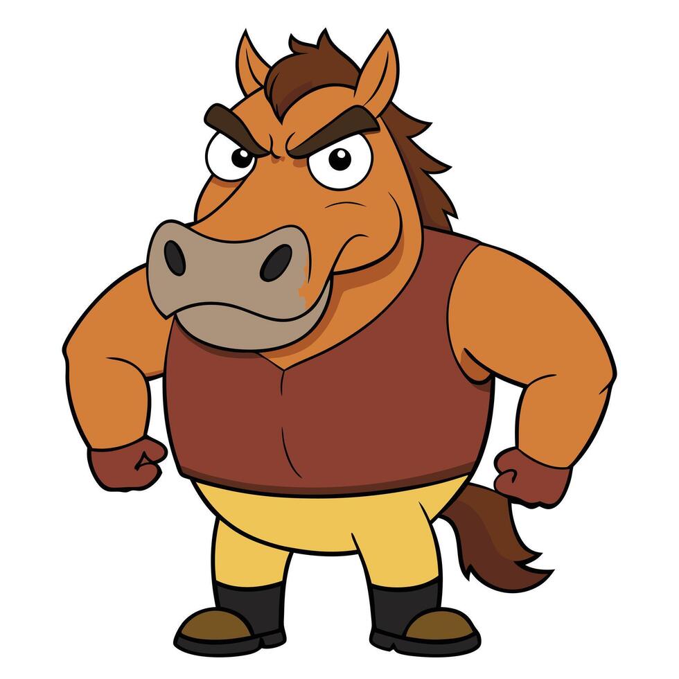 Cartoon horse character with angry expression wearing vest and boots illustration vector