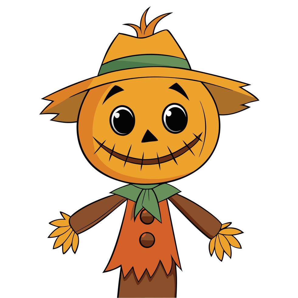 Cartoon style halloween scarecrow with hat and green neckerchief illustration vector