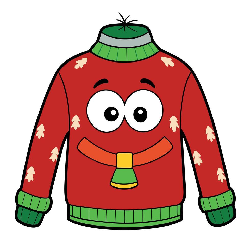Funny cartoon christmas sweater with eyes and jingle bell illustration vector
